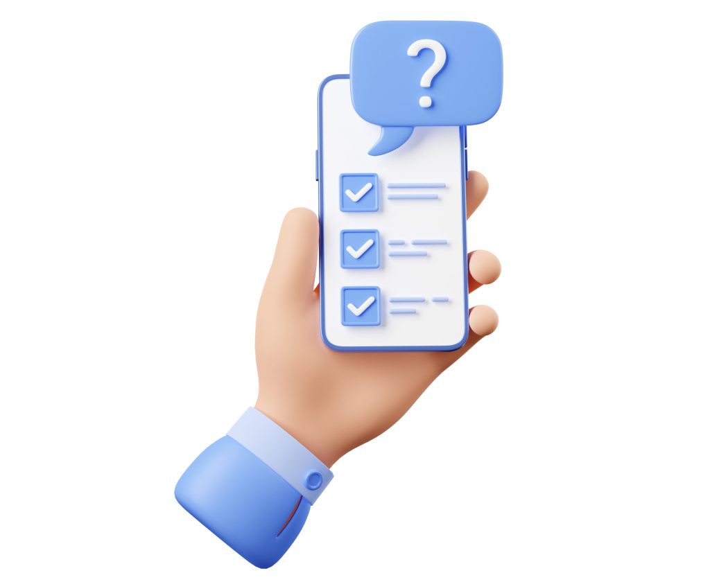 Hand hold mobile phone with check list on screen and question mark. Icon of online survey, exam, test, quiz or questionnaire, digital poll with checklist on smartphone, 3d render illustration